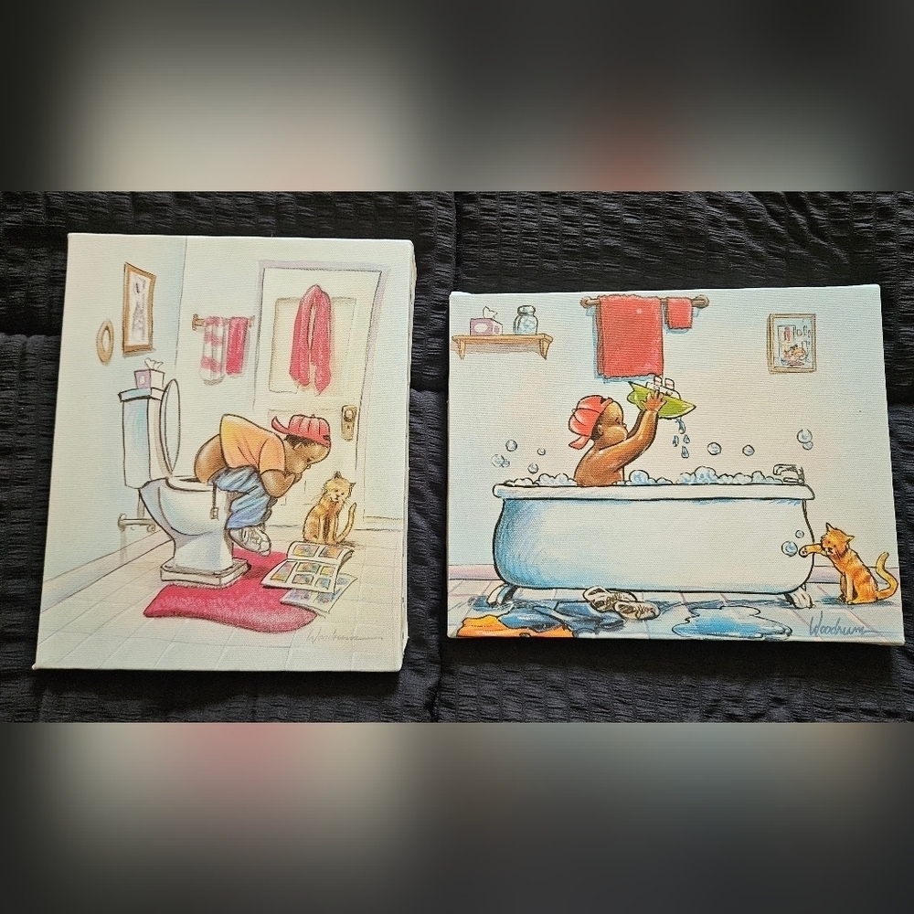 R. Woodrum Signed Canvases "Boy in Tub" & "Higher Learning"